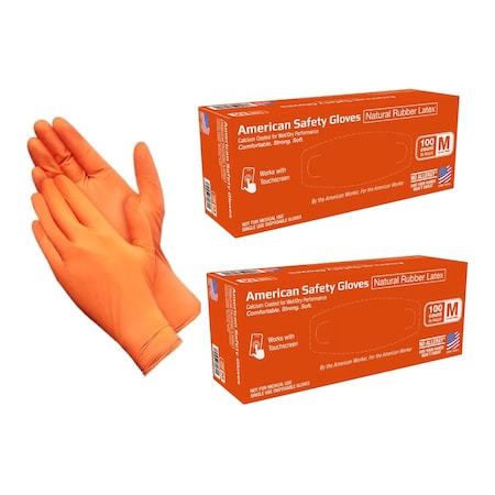 American Safety Glove Disposable Gloves, 7 mil Palm, Low Protein Natural Rubber Latex, Powdered, L, 200 PK, Orange 5113-2